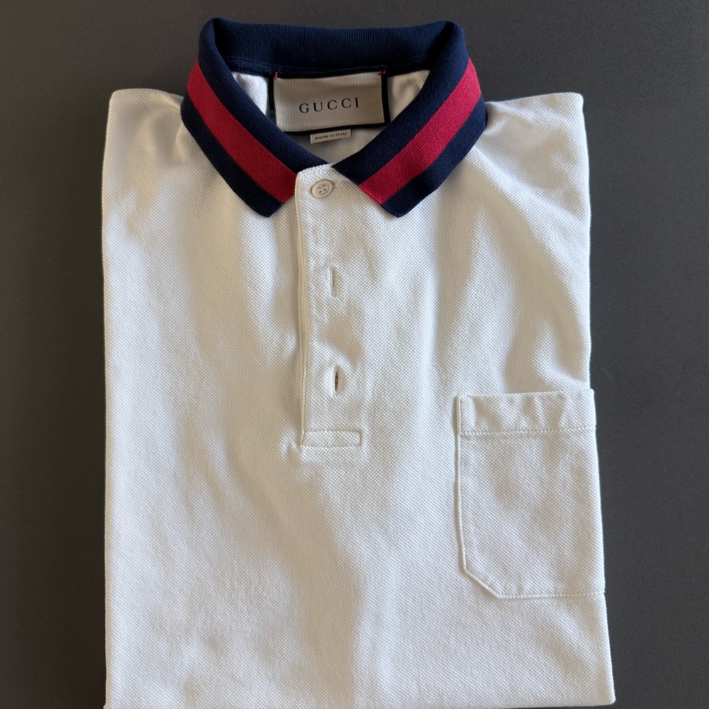 Gucci White Cotton Piquet Polo with Web Collar